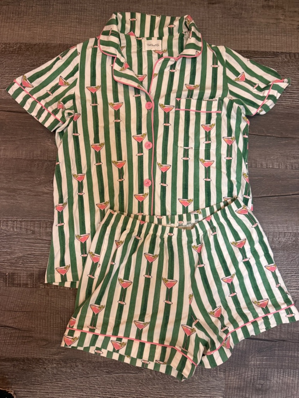 BedHead Kids Green & White Striped Pajama Set with Pink Cocktail Motif